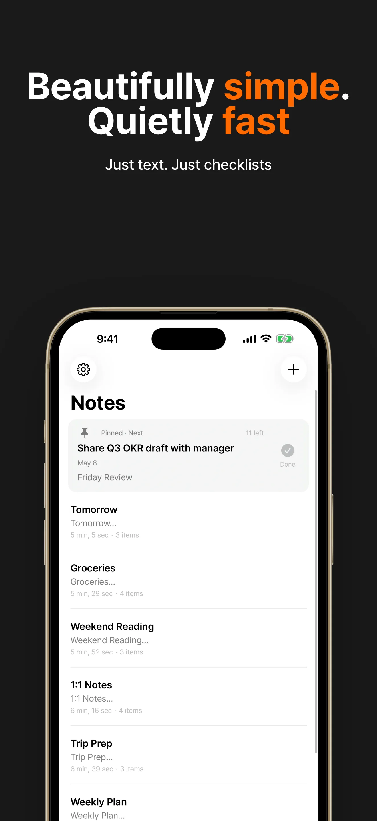 Pinote editor view — list of one-line notes